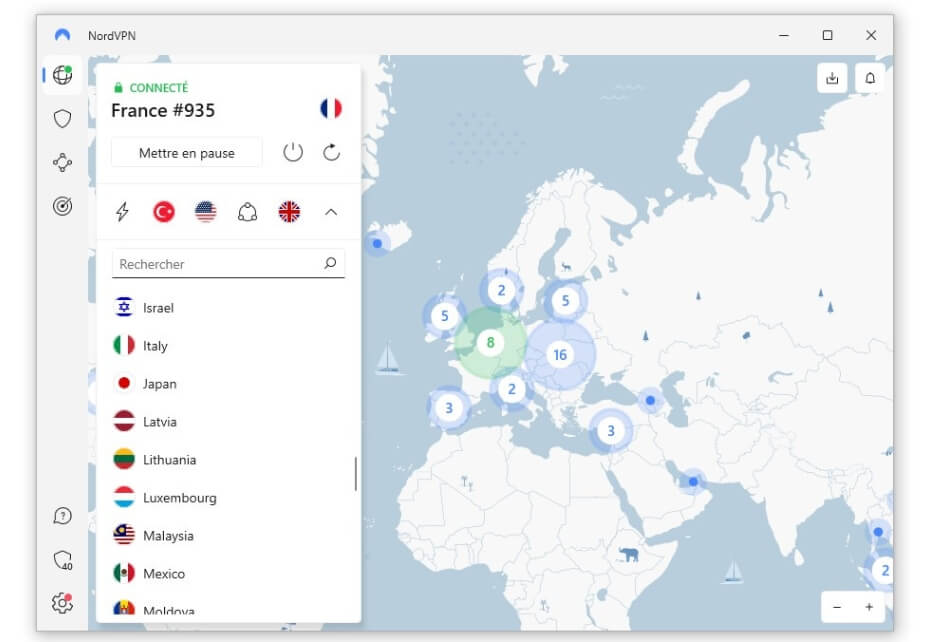 Interface NordVPN Windows