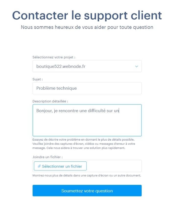 Formulaire de contact du support de Webnode