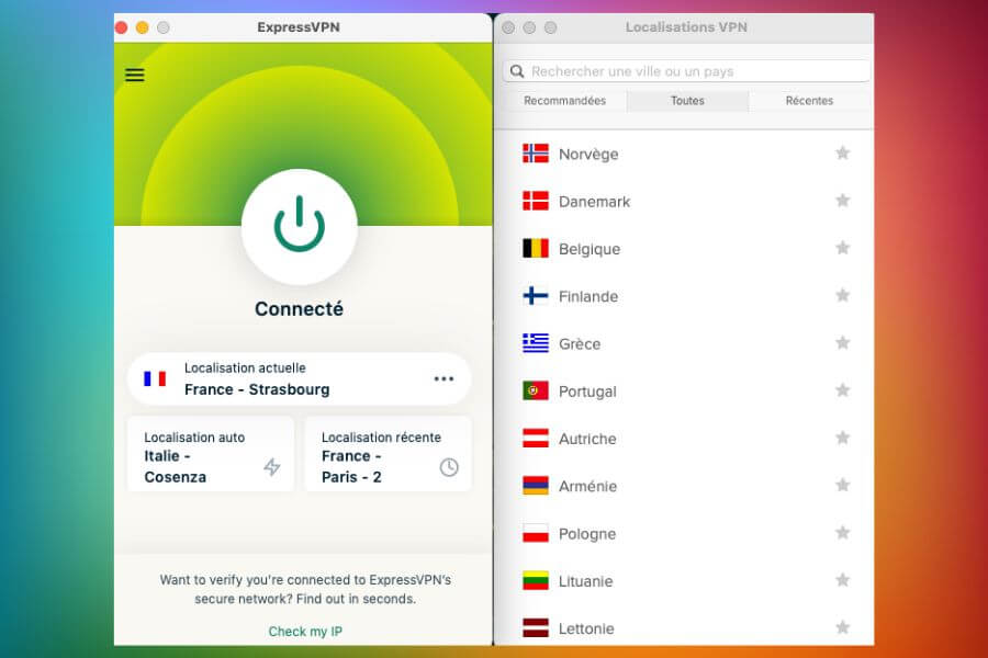 Interface macOS ExpressVPN connectée en France