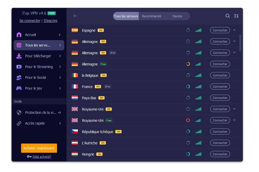 Choix de serveurs avec iTop VPN