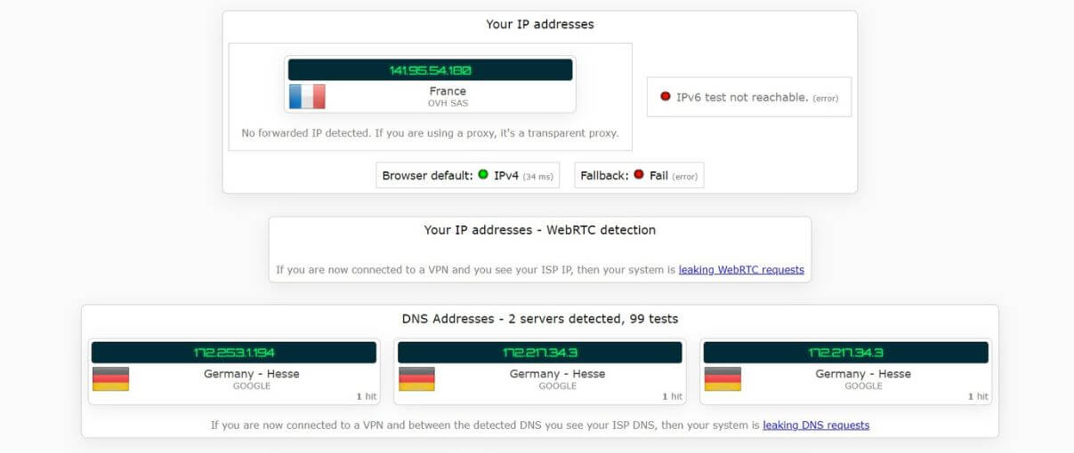 Test d'adresse IP avec iTop VPN connecté en Allemagne