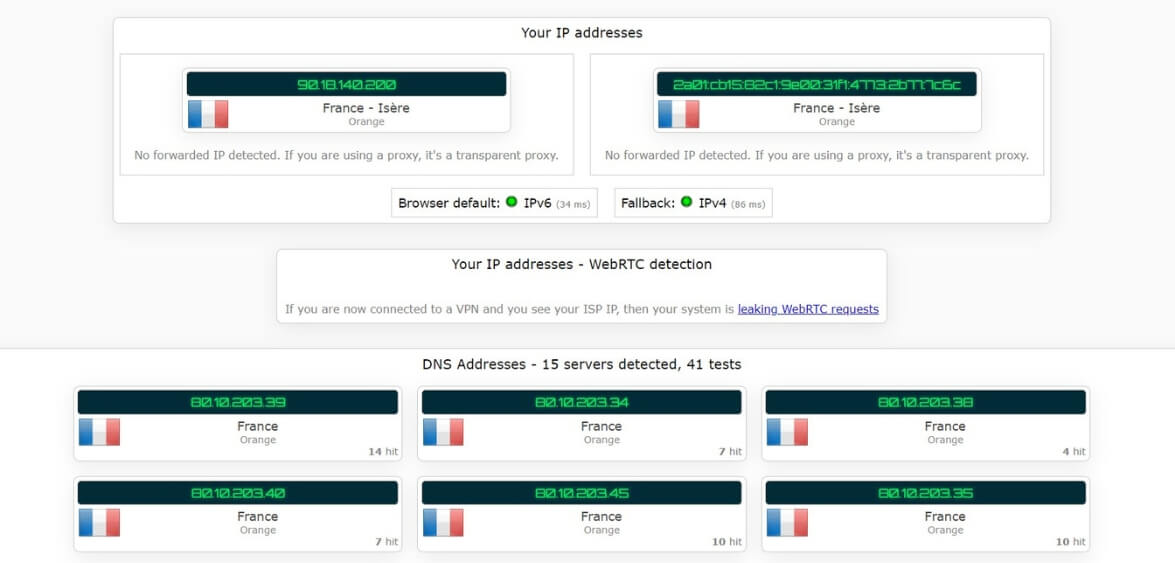 Test d'adresse IP sans iTop VPN